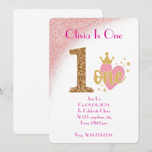 EINJÄHRIGE MÄDCHENGEBURTSEINLADUNG EINLADUNG (Vorne/Hinten)