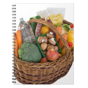 Einkaufskorb mit Lebensmitteln Obst und Gemüse Notizblock
