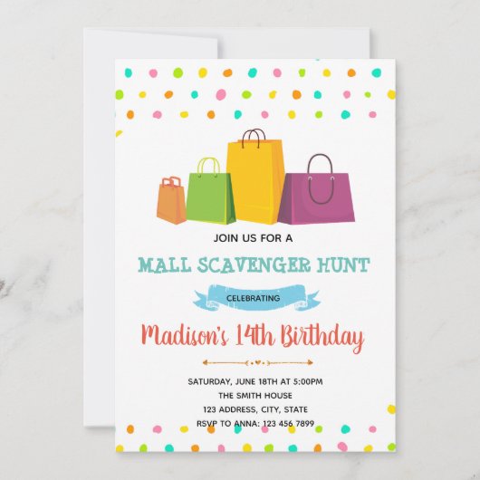 Einkaufsmöglichkeiten Mall Scavenger Hunt Einladun Einladung (Vorderseite)