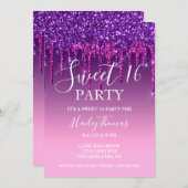 Einladen - Lila & rosa Glitzer Tropfen 16 . Geburt Einladung (Vorne/Hinten)