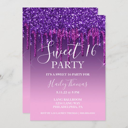 Einladen - Lila & rosa Glitzer Tropfen 16 . Geburt Einladung (Vorne/Hinten)