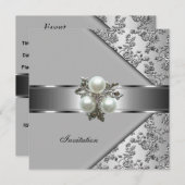Einladend Elegant Classy Pearl Jewel Silver Floral Einladung (Vorne/Hinten)