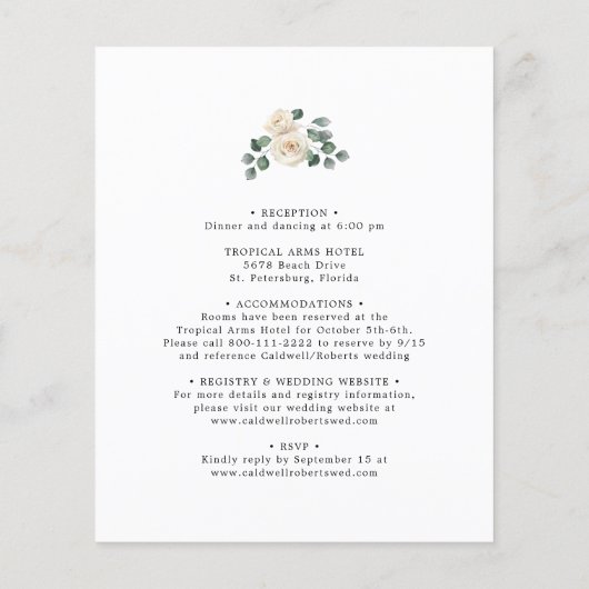 Einladende Hochzeitsfeier mit weißer Rose für ein (Rückseite)