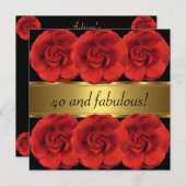 Einladende Rote Blume Black Gold Fabulous 40. Einladung (Vorne/Hinten)