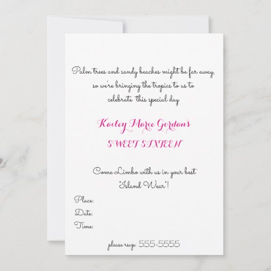 Einladung 16 . Geburtstag, Tropical, Hawaiian Luau (Rückseite)