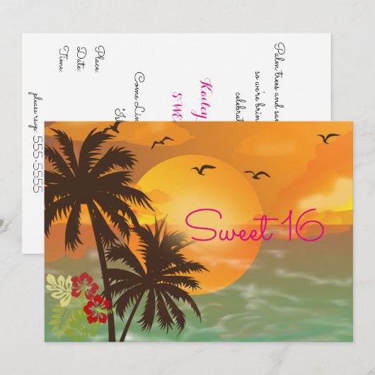 Einladung 16 . Geburtstag, Tropical, Hawaiian Luau (Vorne/Hinten)