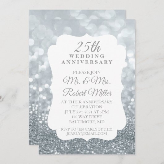 Einladung - 25. Hochzeitsfeier Sparkling Silver (Vorne/Hinten)