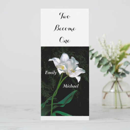 EINLADUNG / 2 INTERTWINING-WEISSE TULIPS (Stehend Vorderseite)