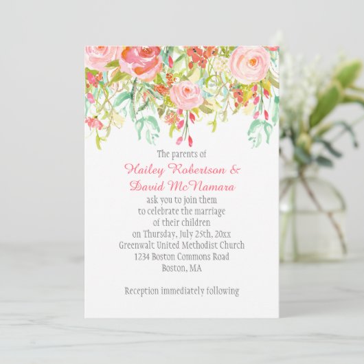 Einladung #2 Rosa Rosen Mint Wildblumen Grünfläche (Stehend Vorderseite)