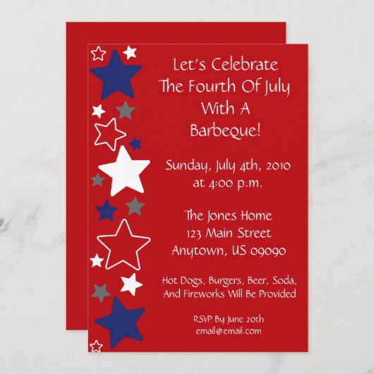 Einladung 4. Juli (rote weiße und blaue Sterne) (Vorne/Hinten)