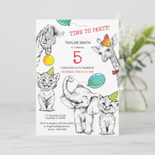 Einladung 5. Geburtstag mit lustigem süße Tier. (Stehend Vorderseite)