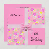 Einladung 6. Geburtstag Pink Hearts Bow Girl (Vorne/Hinten)