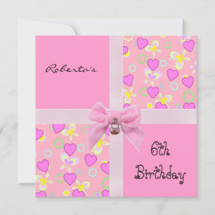 Einladung 6. Geburtstag Pink Hearts Bow Girl