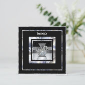 Einladung Art Deco Silver Black Diamond Swan (Stehend Vorderseite)