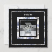 Einladung Art Deco Silver Black Diamond Swan (Vorderseite)