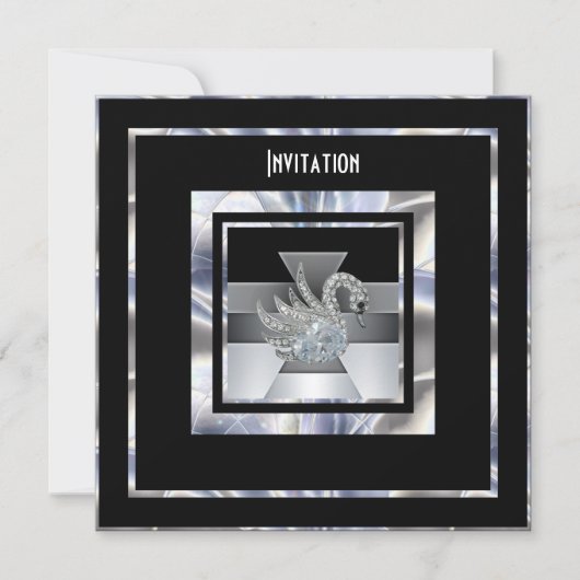 Einladung Art Deco Silver Black Diamond Swan (Vorderseite)