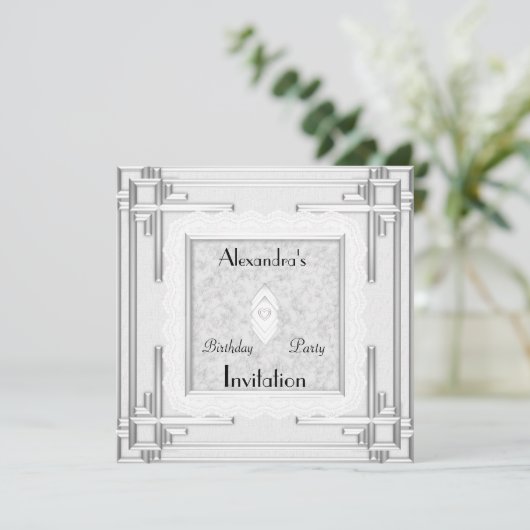 Einladung Art Deco Silver White (Stehend Vorderseite)