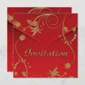 Einladung Asiatische Rote Gold-Blüte (Vorne/Hinten)