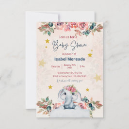 Einladung Babydusche, Elefant, Rosa, Enfant