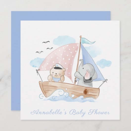 EINLADUNG: Babyparty: BEAR + ELEPHANT Einladung (Vorne/Hinten)