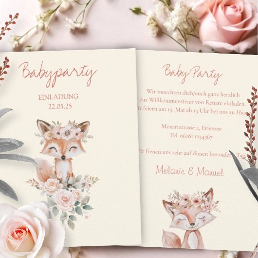 EINLADUNG Babyparty Fuchs und Blumen fuer Mädchen