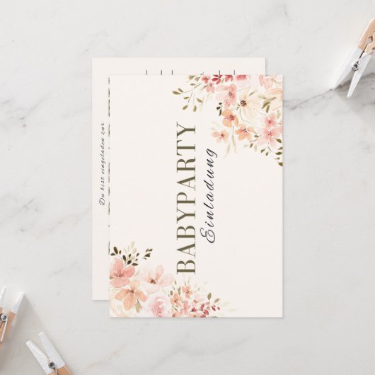 Einladung Babyparty – Rosa Blumen Babyshower (Vorderseite/Rückseite Beispiel)