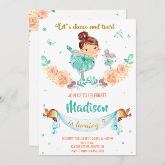 Einladung Ballerina zum Geburtstag (Vorne/Hinten)