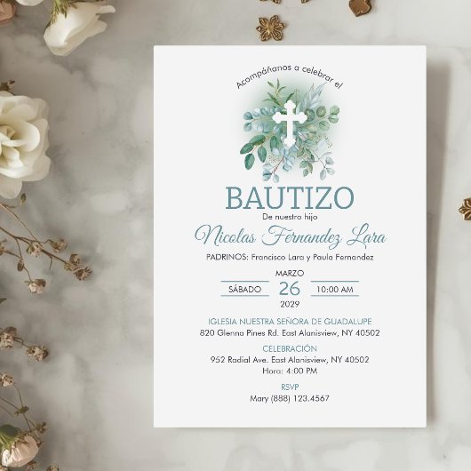 Einladung Bautizo Grüne Blätter Elegante Taufe