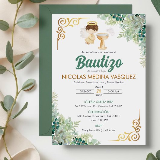 Einladung Bautizo in Spanisch Taufe Grün Blätter