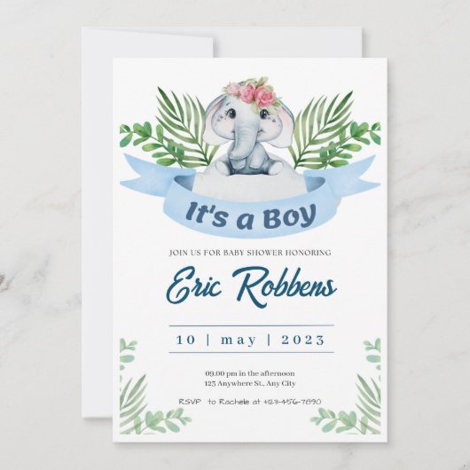 Einladung Begrüßung Baby Boy Dusche Elefant (Vorderseite)