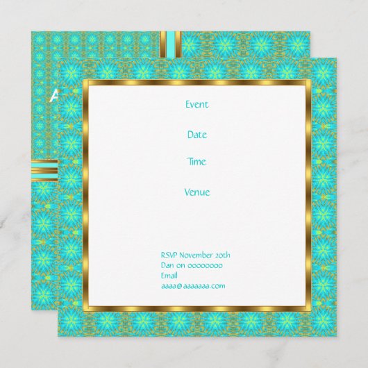 Einladung Birthday Aqua & Gold Patchwork (Vorne/Hinten)