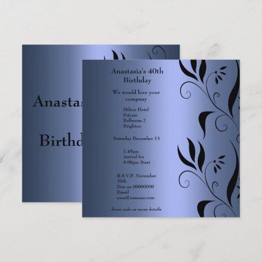 Einladung Birthday Blue mit Schwarzer Flora (Vorne/Hinten)