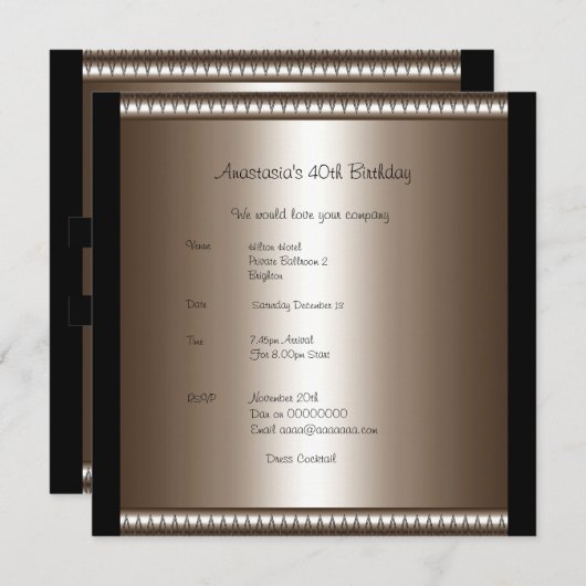 Einladung Birthday Bronze Black Rose Bow (Vorne/Hinten)