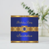 Einladung Birthday Gold auf Gold Blue Jewel (Stehend Vorderseite)