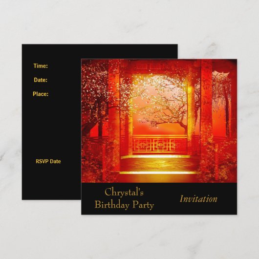 Einladung Birthday Party Asiatische Szene Rot einl (Vorne/Hinten)