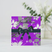 Einladung Black Bow Lila Floral (Stehend Vorderseite)