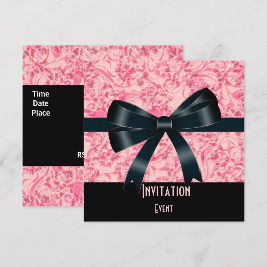 Einladung Black Pink Butterfly Bow (Vorne/Hinten)