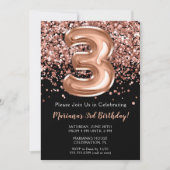 Einladung Black Rose Gold Glitzer zum 3. Geburtsta (Vorderseite)