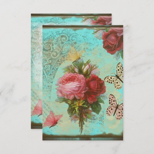 Einladung Blumen und Schmetterlinge vintage in (Vorne/Hinten)