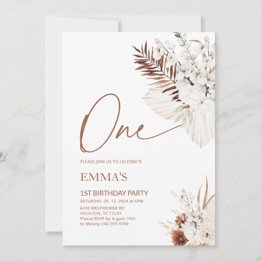 Einladung Boho Pampas zum ersten Geburtstag (Vorderseite)