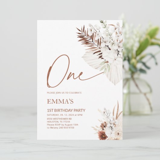 Einladung Boho Pampas zum ersten Geburtstag (Stehend Vorderseite)