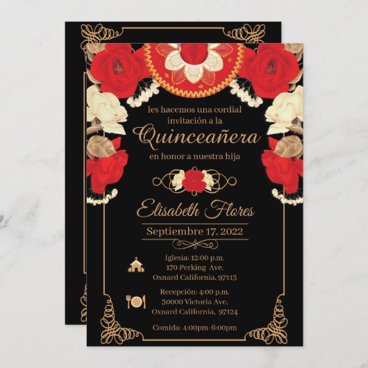 Einladung Charro Einladung, Rot, Schwarz und Gold (Vorne/Hinten)