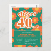Einladung "Cheers to 40 years" Retrogrün 40. Postkarte (Vorne/Hinten)