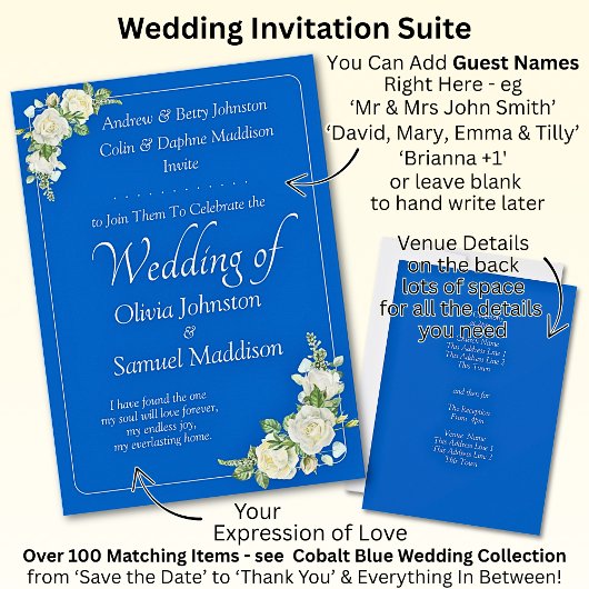 Einladung Cobalt Blue & White Roses Hochzeit