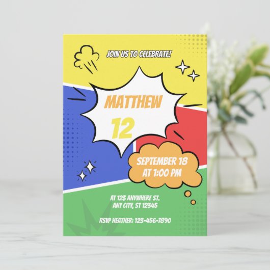 Einladung - Comic-Buchstil - Namensalter anpassen (Stehend Vorderseite)