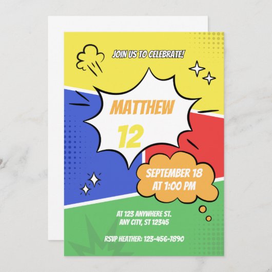 Einladung - Comic-Buchstil - Namensalter anpassen (Vorne/Hinten)