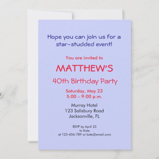 Einladung Custom, Personalisiert Name 40. Geburtst (Rückseite)