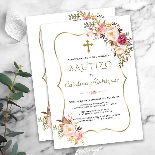 Einladung De Bautizo Con Flores Gold Girl Taufe