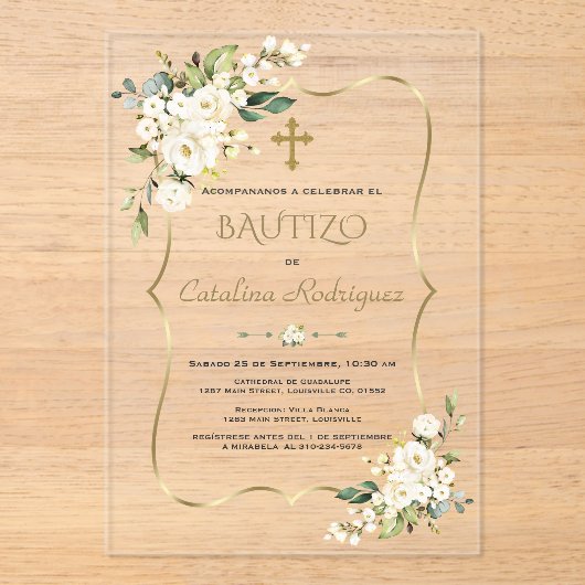Einladung De Bautizo Con Flores Gold Taufe (Vorderseite)