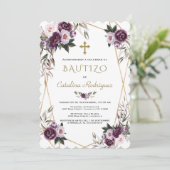 Einladung De Bautizo Purple Flowers Gold Girl (Stehend Vorderseite)
